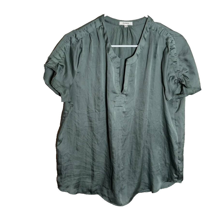 Pleione Blouse Women’s Medium Satin Short Sleeve Shirt Lightweight Casual