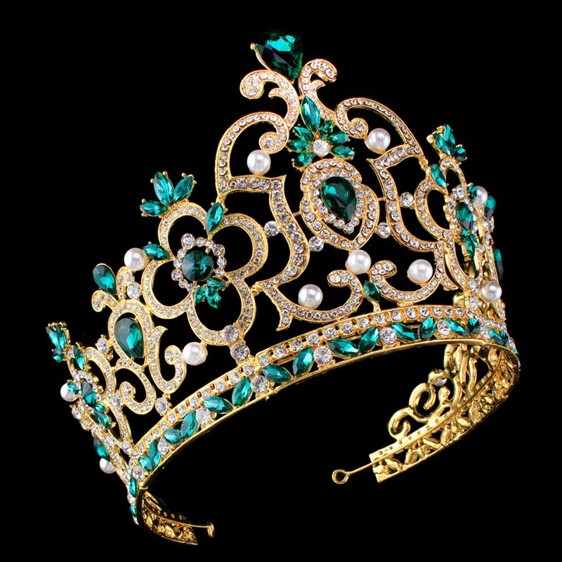 14cm Tall Large Green Crystal Crown Tiara Wedding Prom Queen Princess For Women