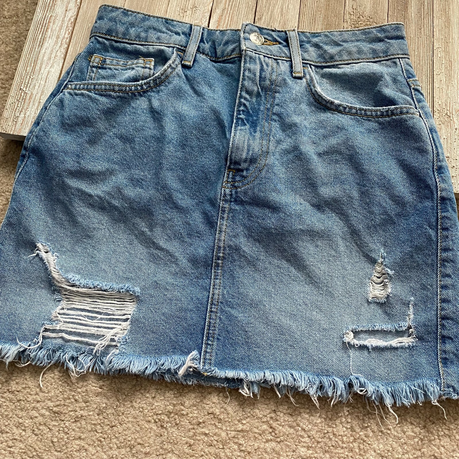 Forever 21 Los Angeles Womens S Denim Distressed Fringe Hem Skirt Y2K Festival