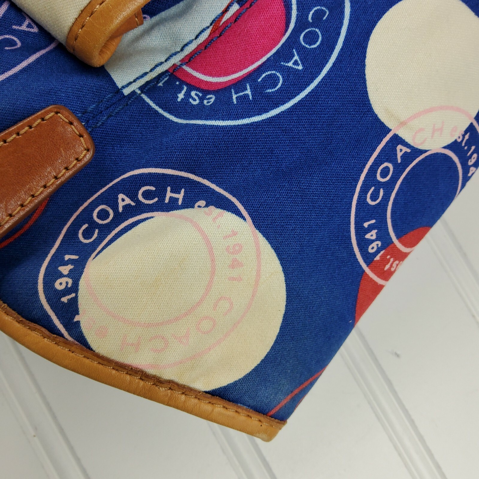 COACH Polka Dot Leah F14667 Blue White Red Shoulder Handbag Purse with Pouch