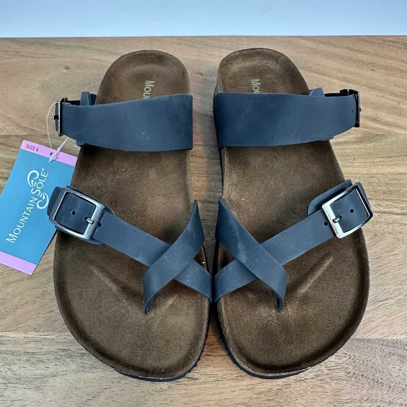 New NIB Womens Mountain Sole Black Leather Sandals Shoes Size 6