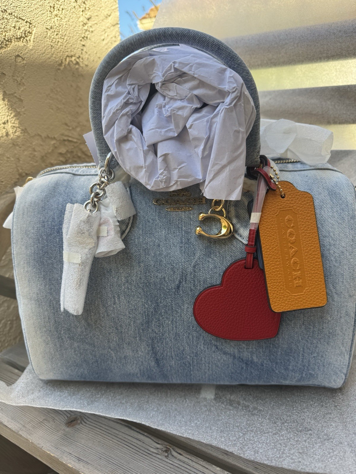Coach CDY75 Rowan Large Satchel Bag In Loved Denim With Charms Light Indigo NWT