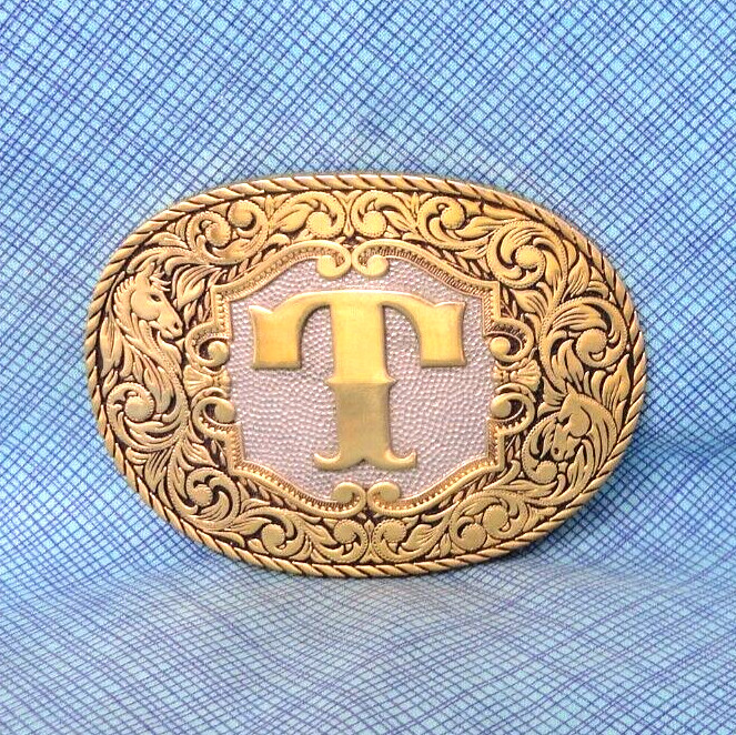 T Belt Buckle Western Initial T Monogram 22KGP Vtg Award Design Medals .NOX743
