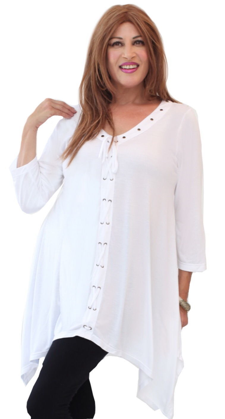 white top blouse 3/4 sleeve lagenlook jersey OS M L XL 1X 2X O806