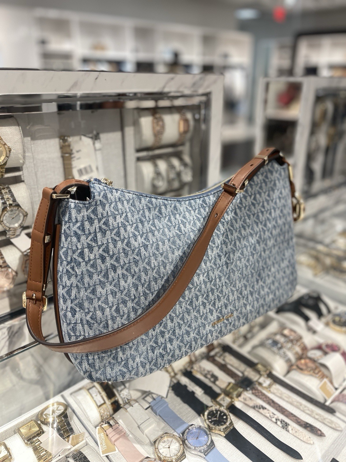 MICHAEL KORS Nolita Medium Signature Logo Print Denim Convertible Should NWT