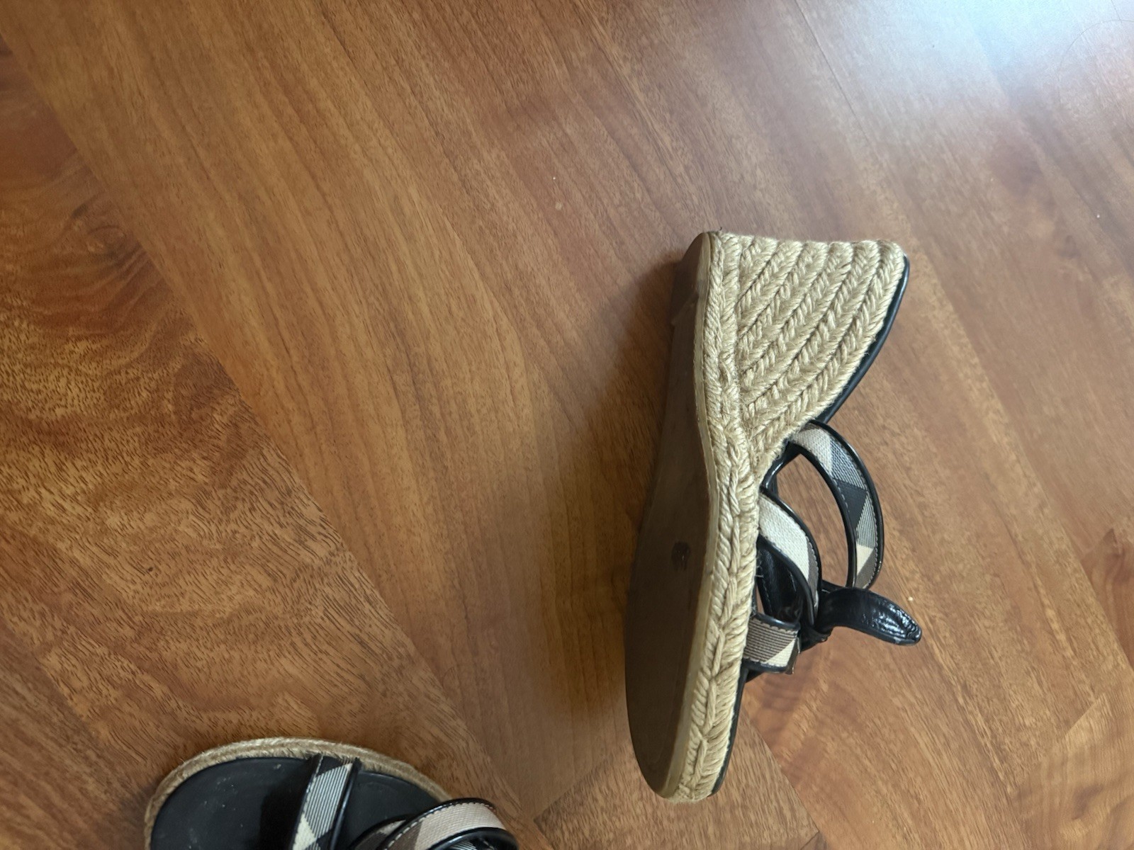 Burberry Check Canvas Wedge Slide Sandals Black/Beige Open Toe Straps