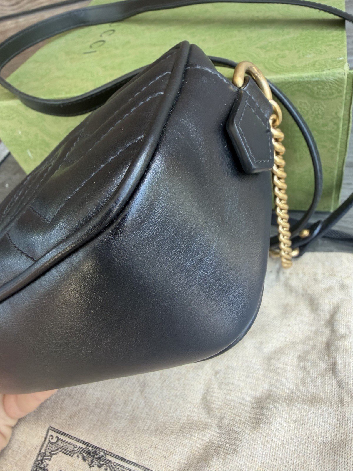 Gucci Calfskin Matelasse Mini GG Marmont Chain Shoulder Bag Black