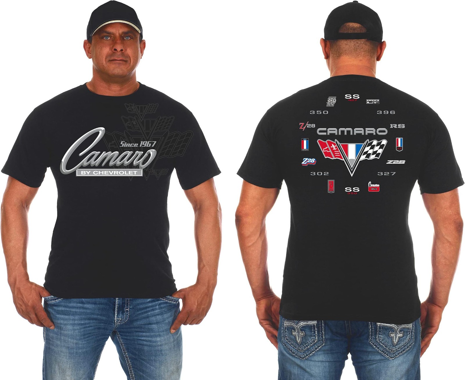 JH Design Men’s Chevy Camaro Collage T-Shirt Short Sleeve Black Crew Neck Shirt
