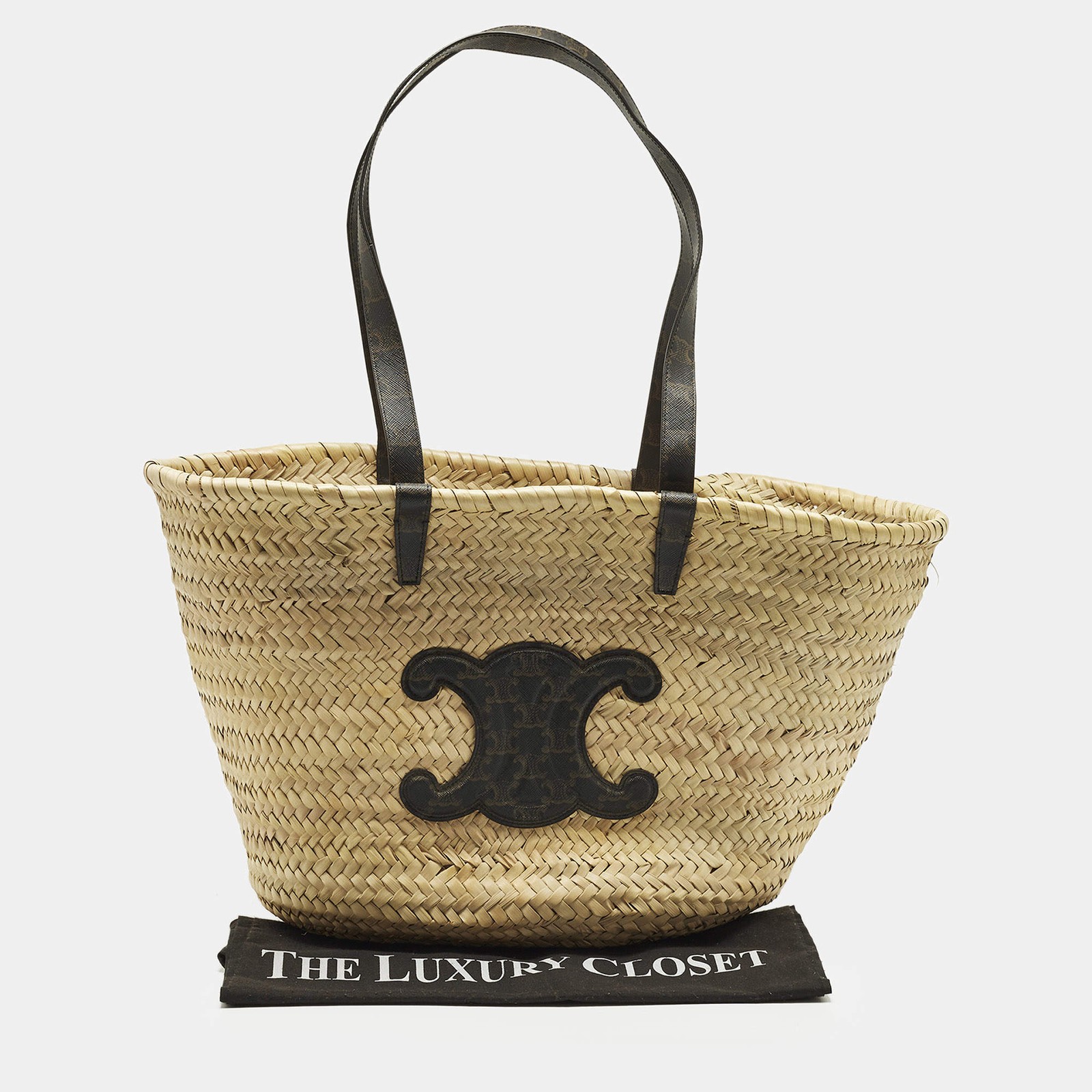 Celine Triomphe BlackBeige Raffia and Printed Coated Canvas Basket Bag