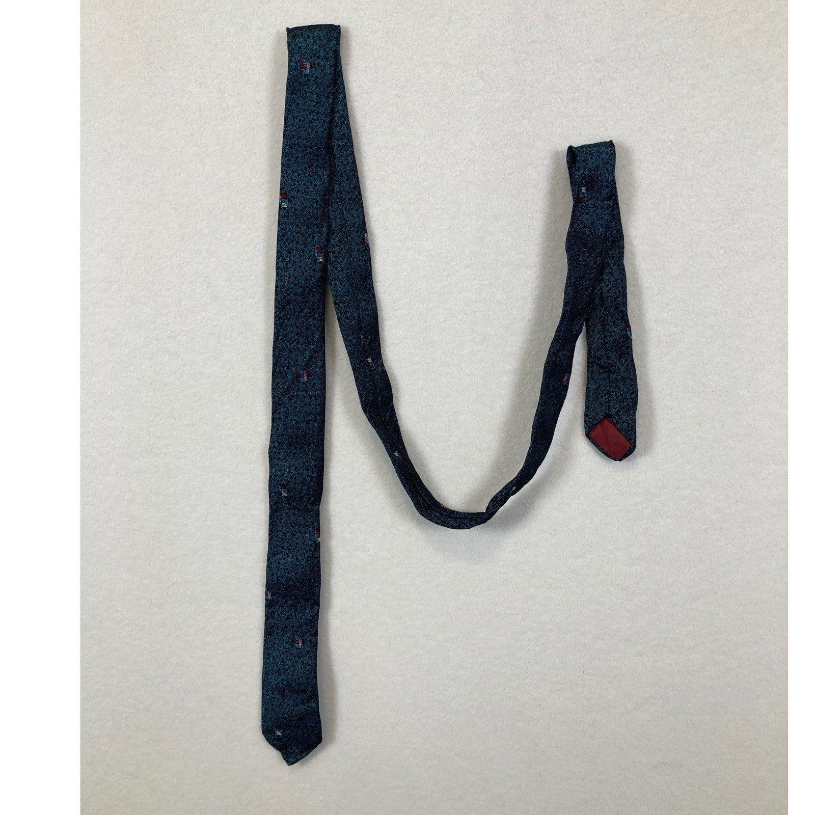 Unbranded Skinny Necktie Mens OS Teal Black Red Geometric Micro Pattern 1.5in