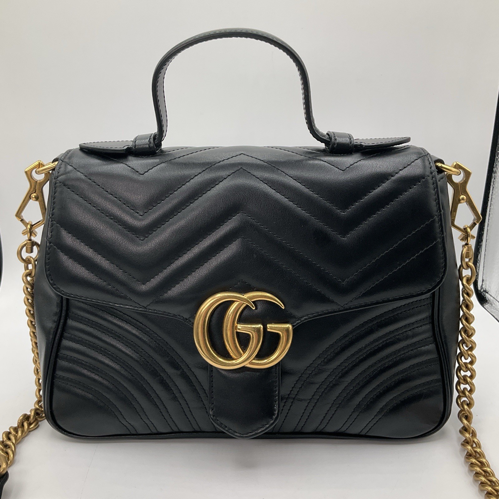 Gucci GG Marmont Matelasse Small Top Handle Black Leather Bag Purse