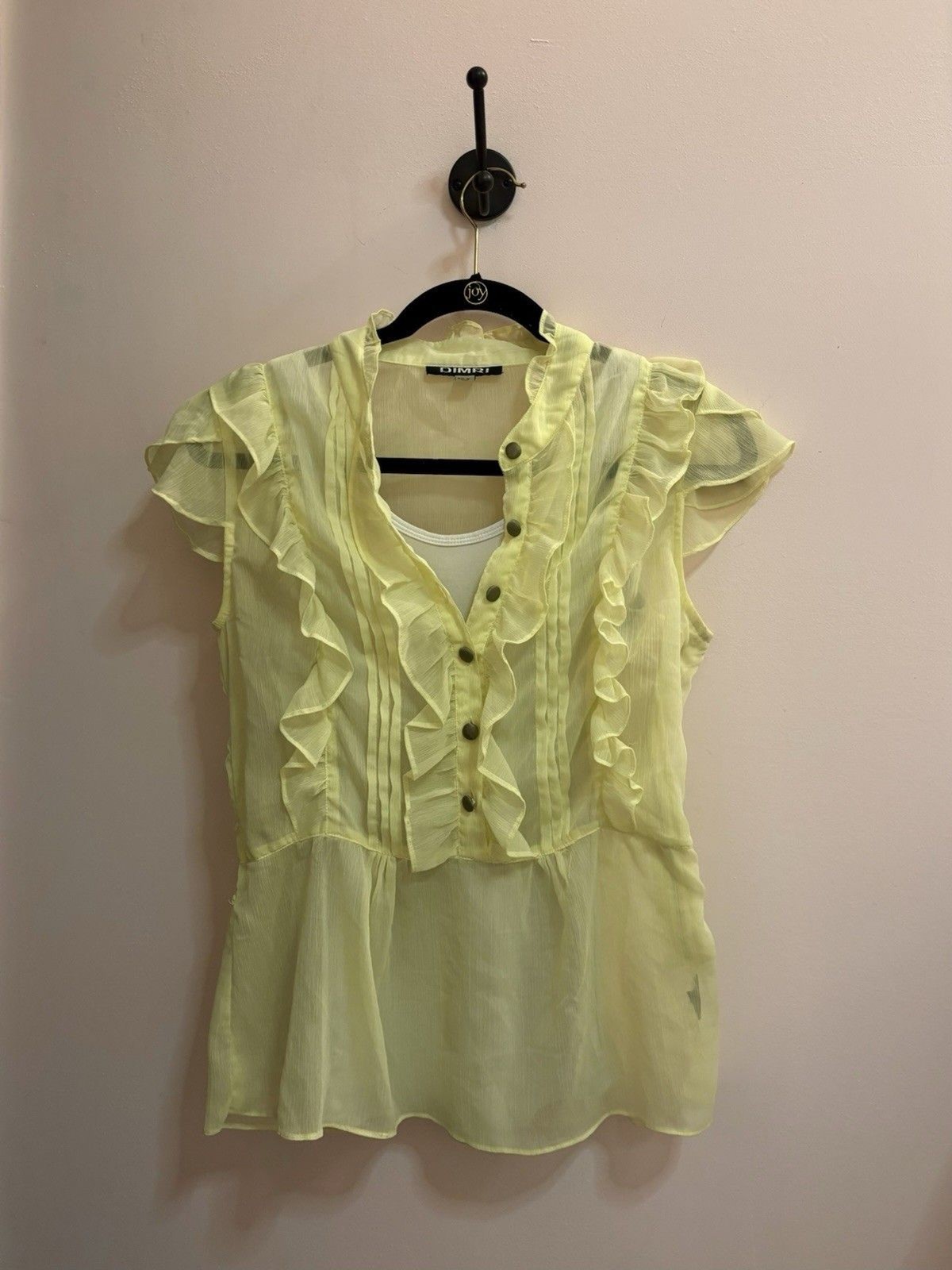Dimri Sheer Ruffle Blouse Women’s Size M Yellow Button Front Romantic Chi
