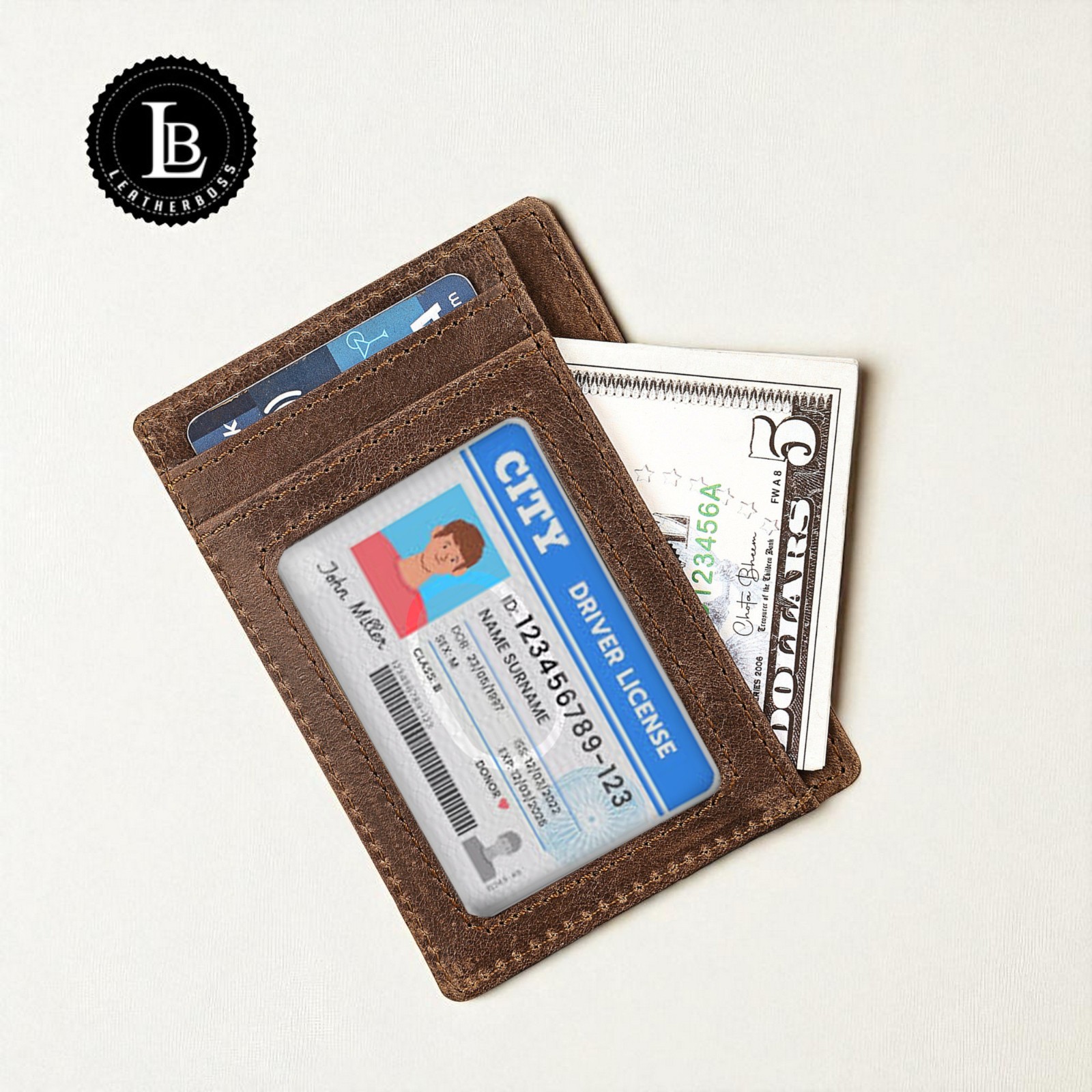 Leatherboss Genuine Leather Card Case with Clear ID Slot for Men & Women