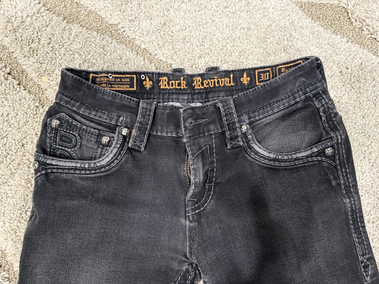 Rock Revival Baxter Strait Black Jeans Men’s Size 30 Slim Straight 3D Stitch