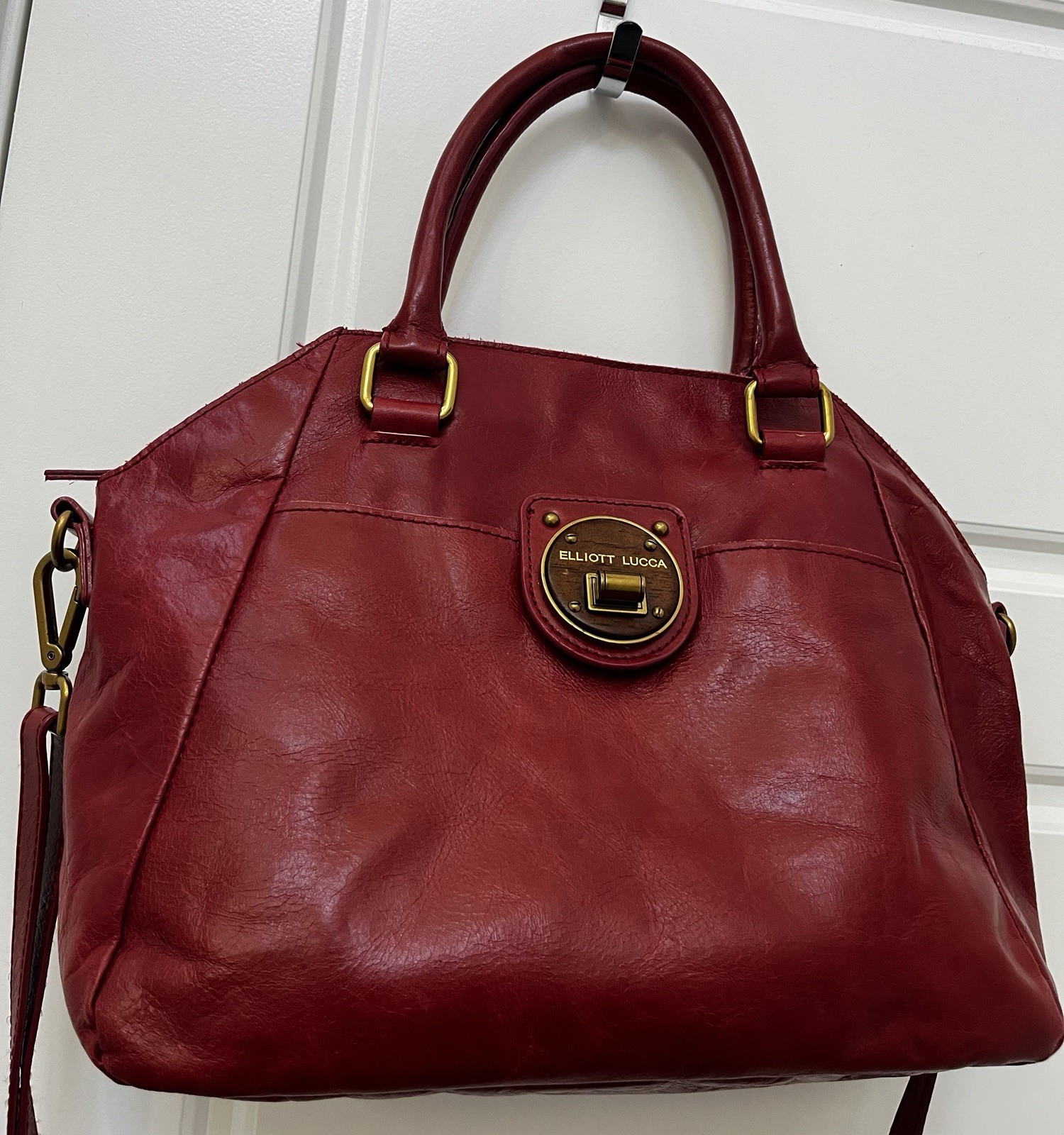 Elliott Lucca Red Large Satchel Gold Hardware Turn Lock Detachable Strap