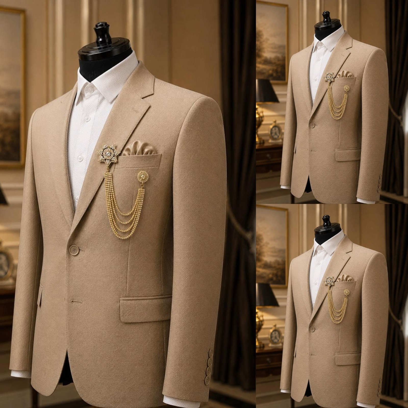 Beige Men’s Suits Regular Fit Notch Lapel Jacket Tuxedos 2Pcs Casual Wear Coat