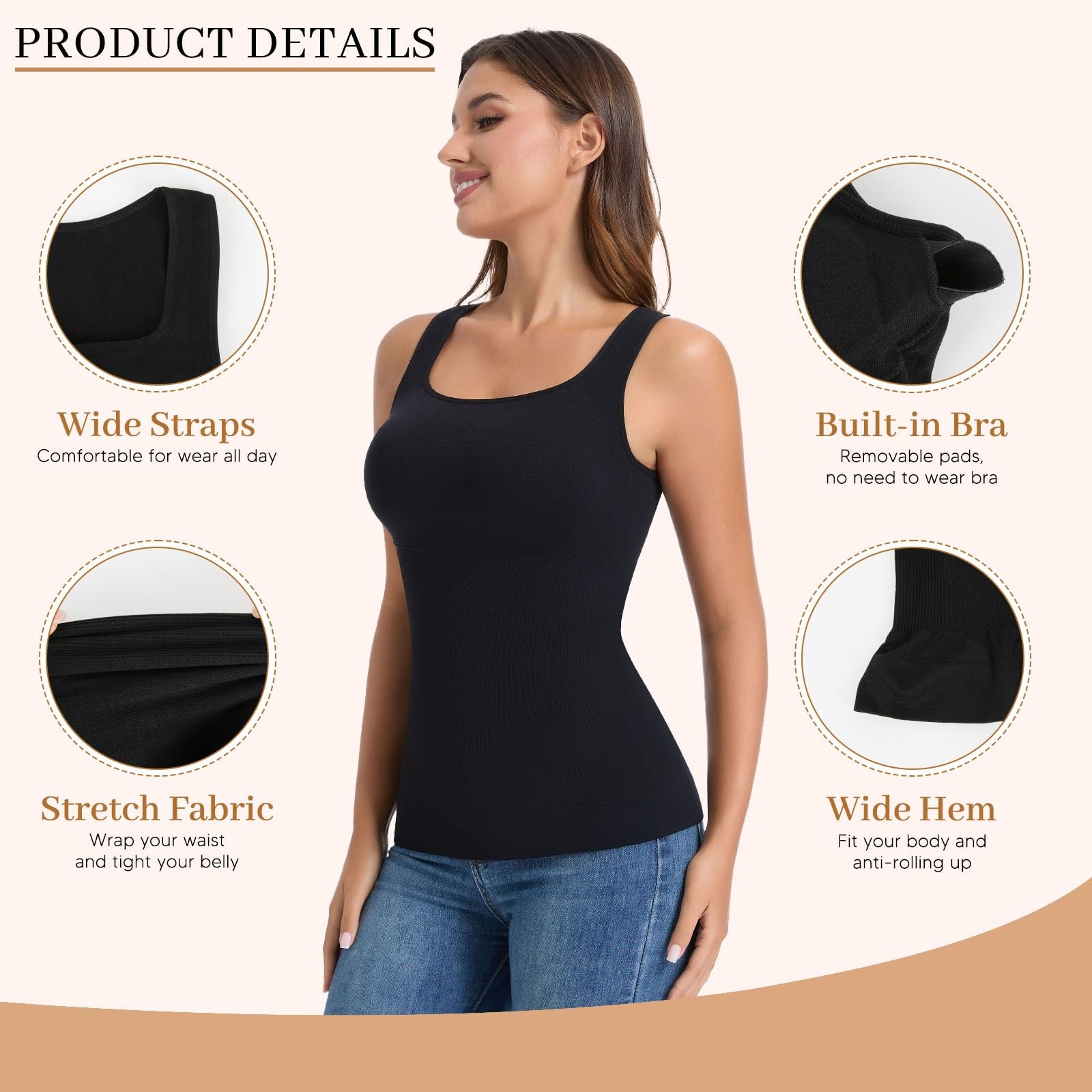 Women Square Neck Camisole Vest Built In Bra Tummy Control Slimming Body Shaper
