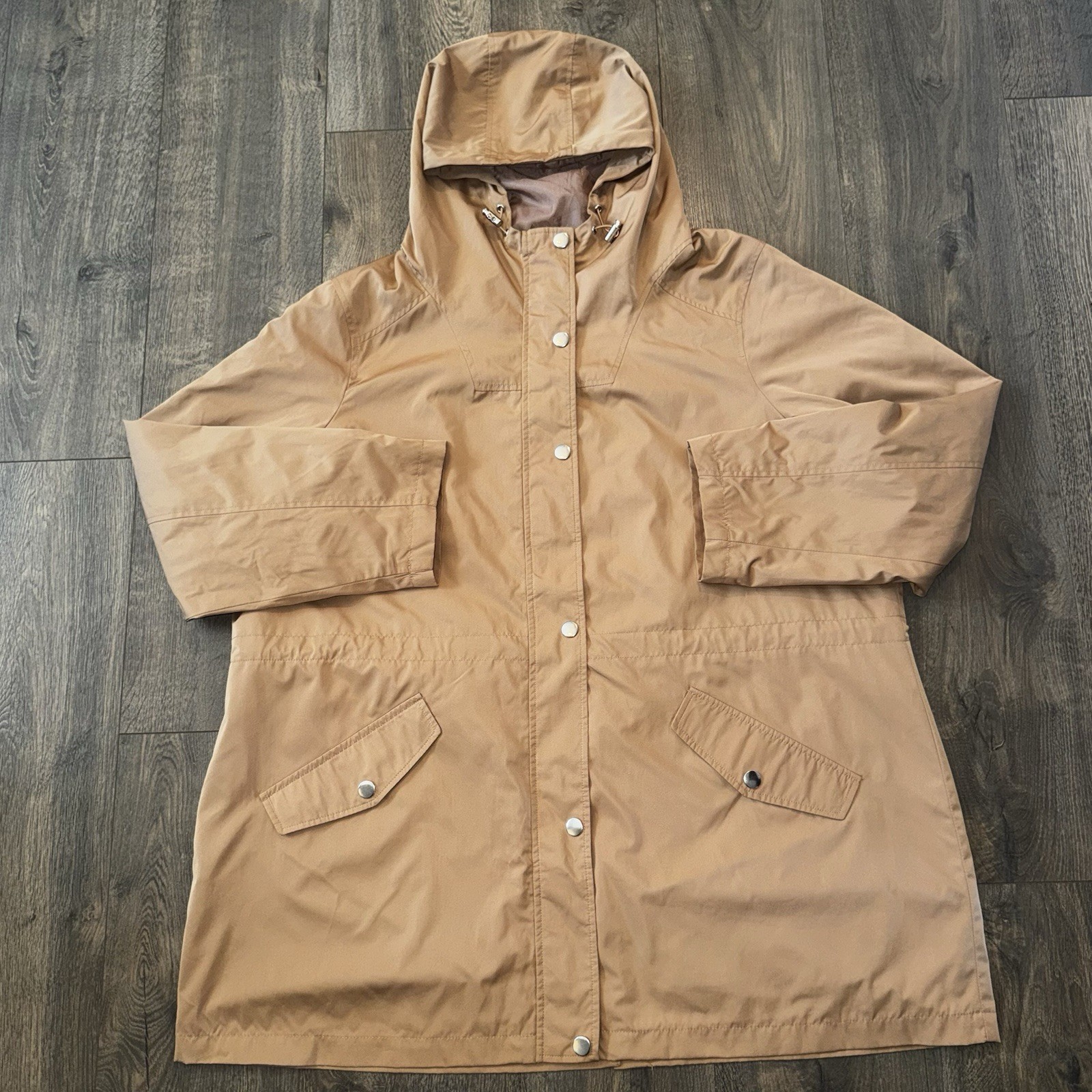 Time&Tru Women’s 1X Hooded Utility Jacket Zipup Button Hooded Khaki Windbreaker