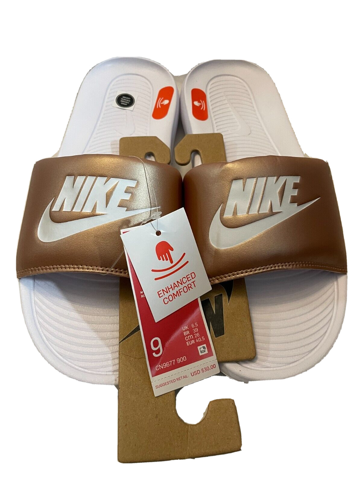 Nike Slides Womens 9 Victori ONE Foam Contoured White Metallic Bronze CN9677 900