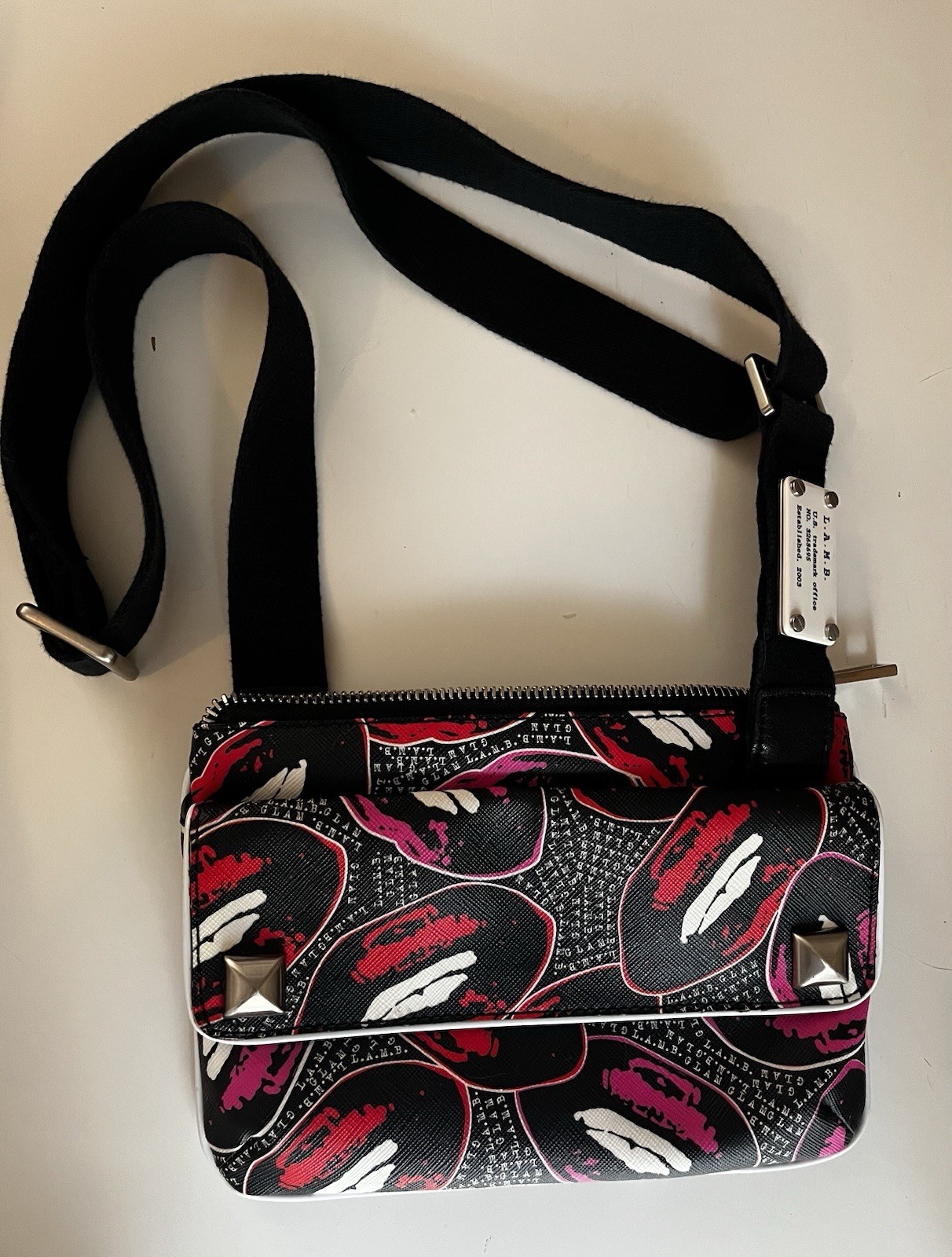 L.A.M.B. Gwen Stefani Black Red Pink Lips Print crossbody Bag Purse
