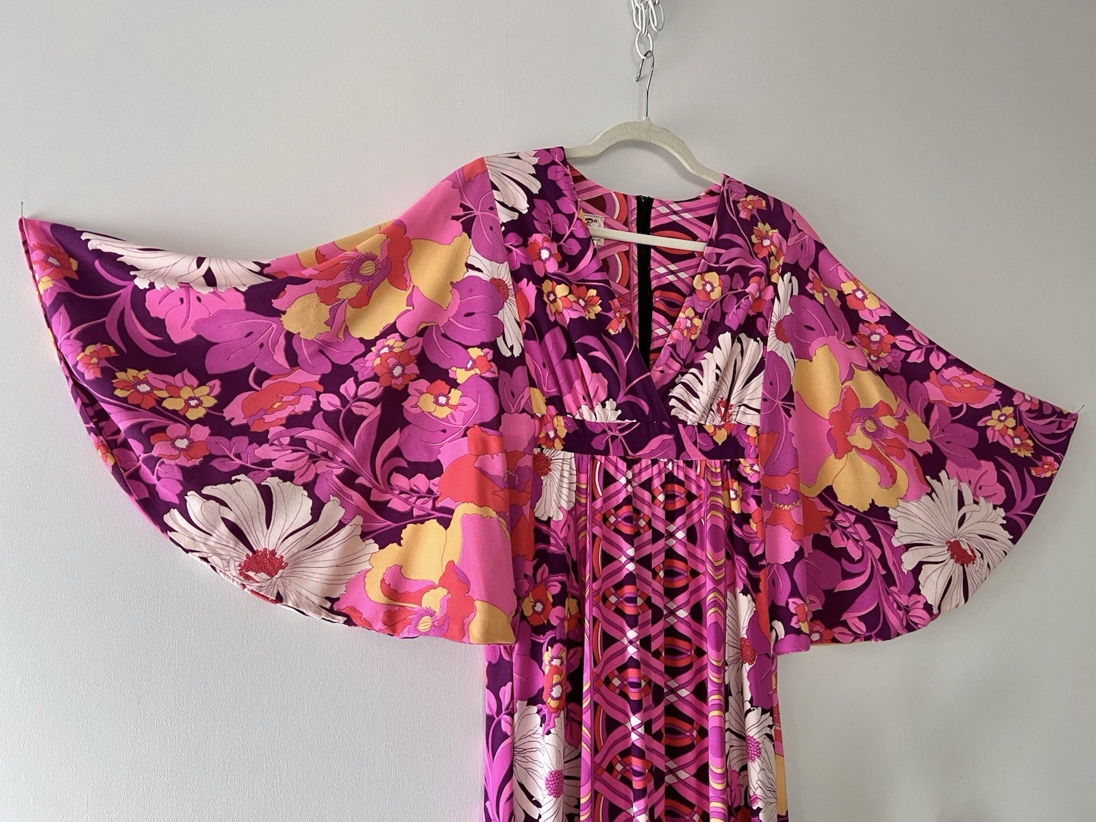 1970s Mr. B of California Psychedelic Floral Wing Sleeve Caftan Dress Maxi Gown