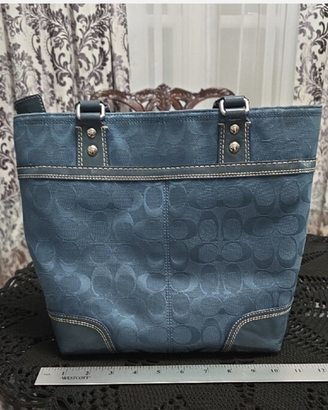 EUC Coach Blue Signature Tote Bag with Matching Wallet, Zip & Turn Lock, Pockets