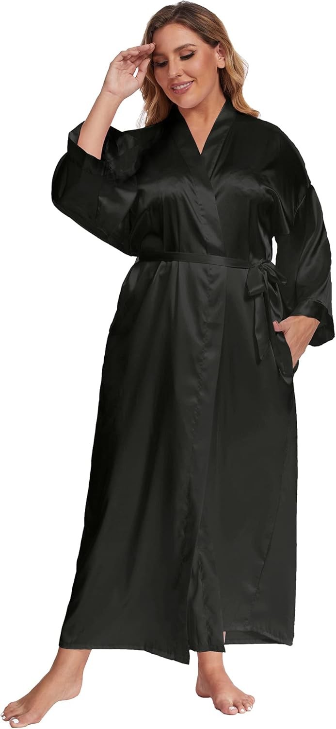 Women’s Plus Size Long Satin Robes 4X-Large-5X-Large Plus, Black