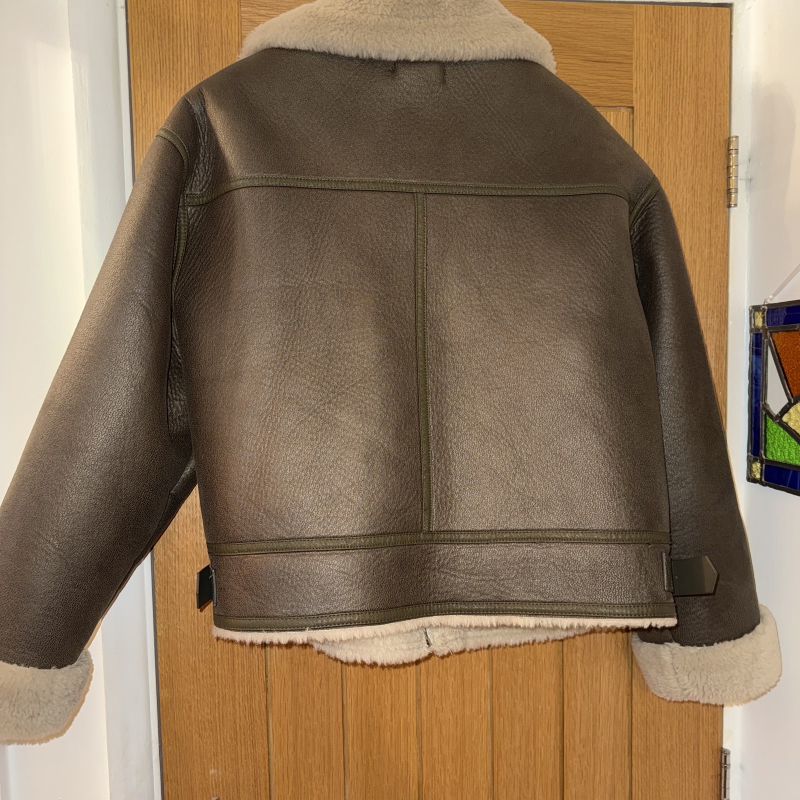 Mint Velvet Women’s Flying Jacket Size XL Faux Leather Tan with Cream Faux Fur
