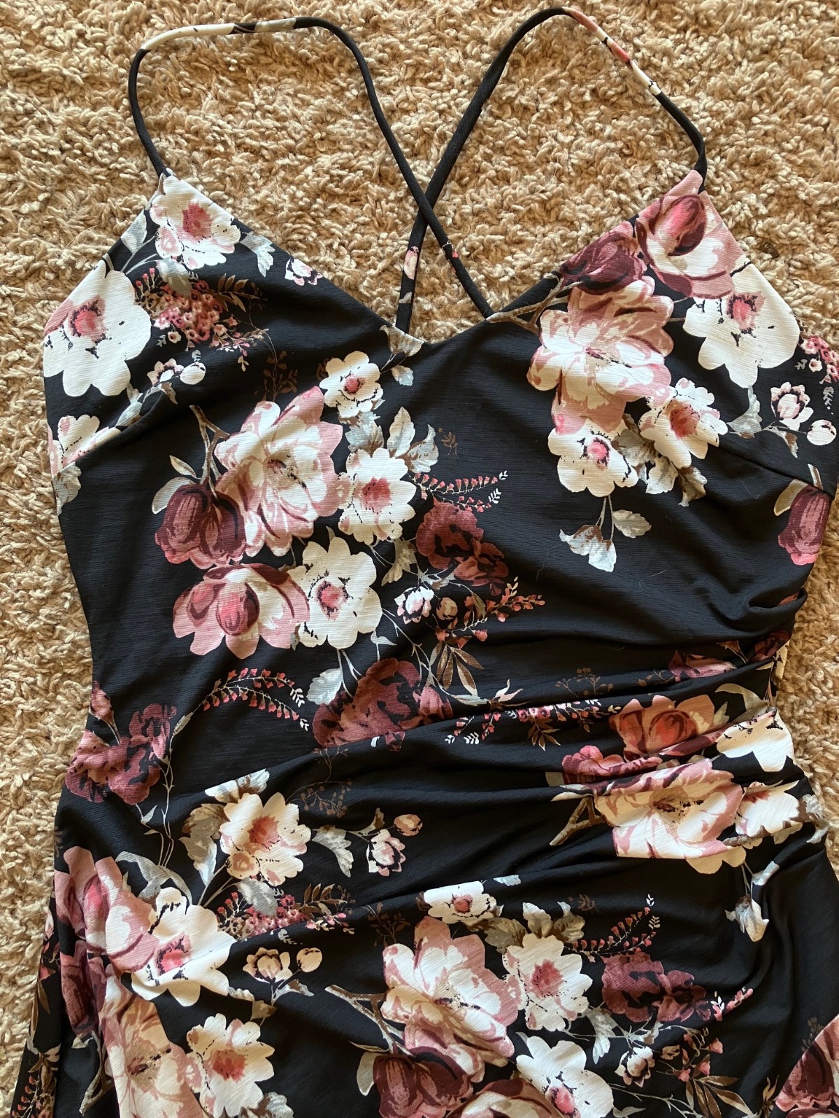 Windsor Womens L Black Floral Maxi Dress Ruched High Slit Strappy Cross Back