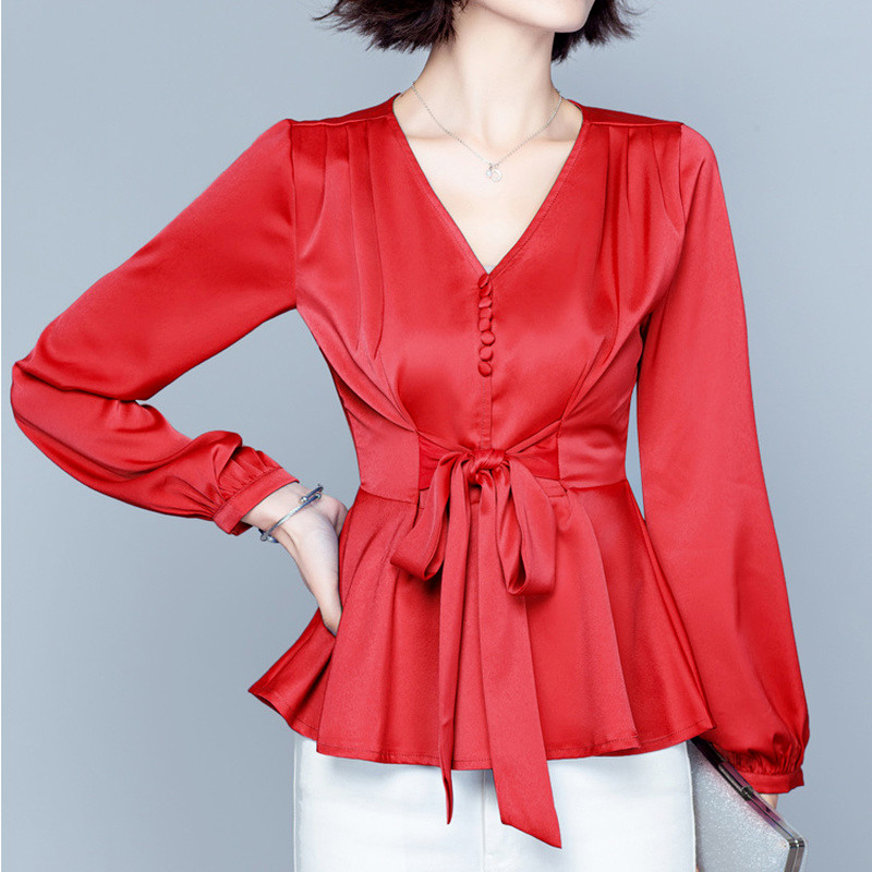 Lady Ruffles Satin Peplum Shirt Faux Silk Tops Blouse T-shirts Casual Plain