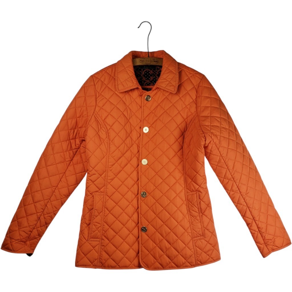 C. Wonder Small Orange Quilted Lightweight Jacket Gold Crest Buttons Blue Lining