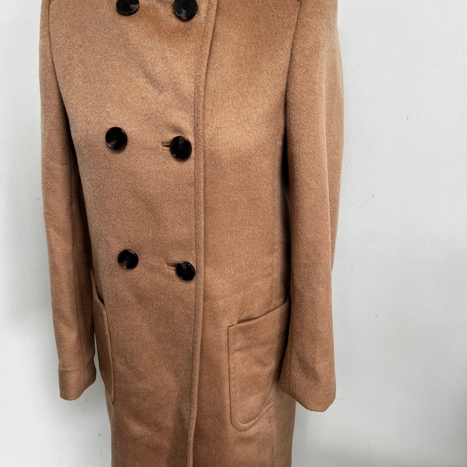Jaeger pure wool camel coat funnel neck button up size 6
