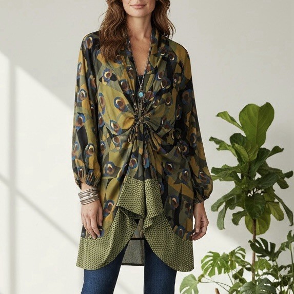 Alembika Satin Abstract Geometric Tunic Top Blouse Dress Sz S Lagenlook Boho