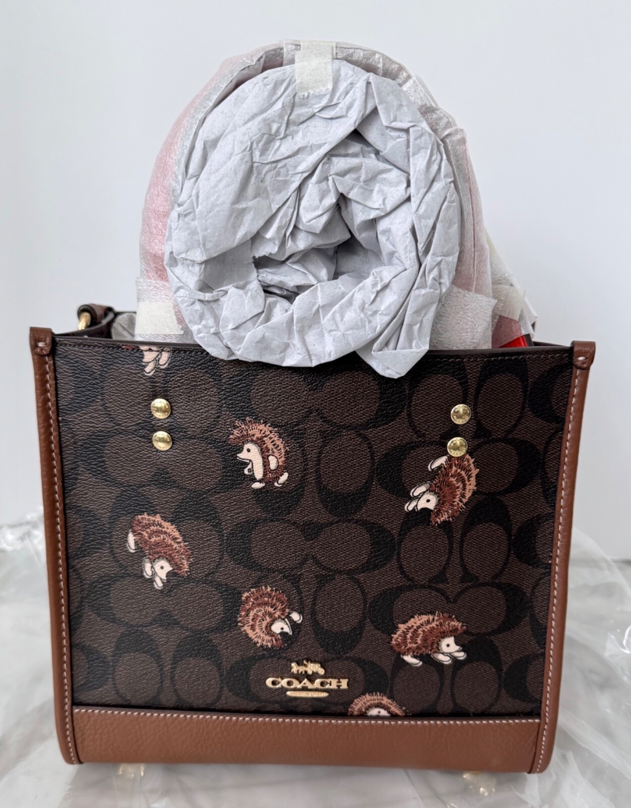 Coach Dempsey Tote Bag 22 in Signature Canvas With Hedgehog Print Brown Black