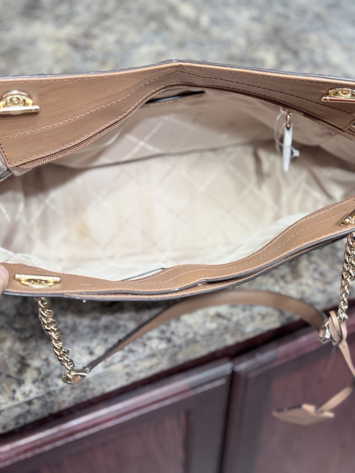 Michael Kors Logo Tote Beige/Brown Gold Chain Strap
