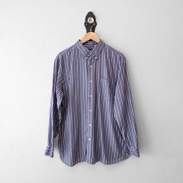 Chaps Button Down Shirt XL Red White Blue Stripe Cotton Preppy Classic Long Slee
