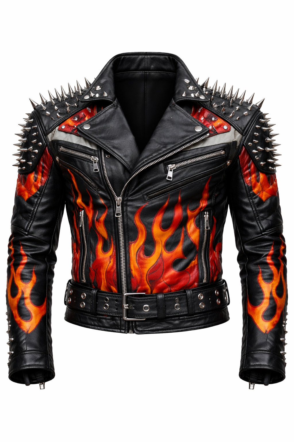 🔥 Men’s Studded Black Leather Biker Jacket Flame Design Punk Rock Motorcycle