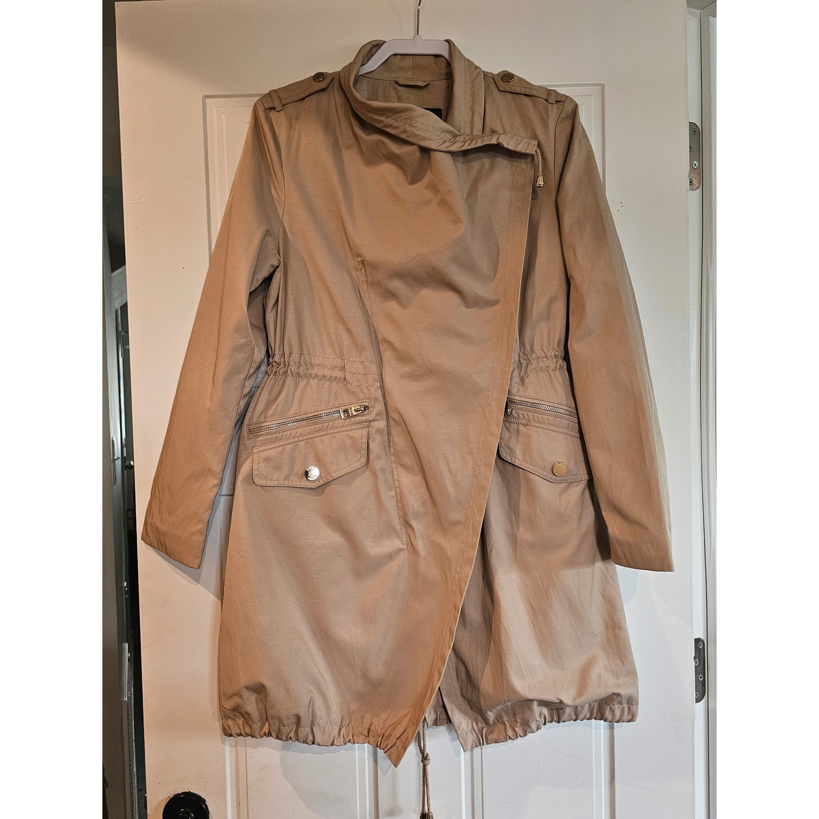 GUESS Los Angeles Womens Tan Draped Trench Jacket Drawstring Waist Beige Coat