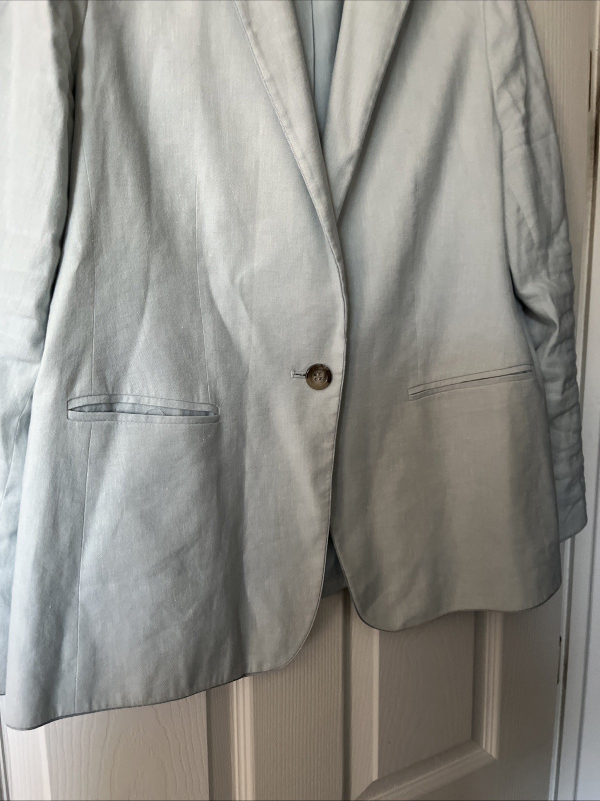 ANN TAYLOR Pale Turquoise THE CUTAWAY LINEN BLEND BLAZER JACKET SZ 14 Petite