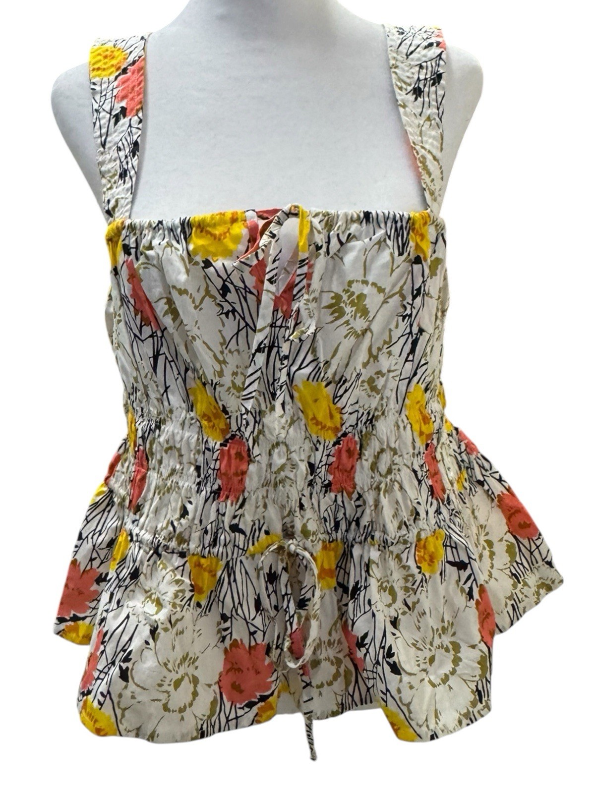 NWT BCBG Max Azaria Floral Coral & Yellow On White Ruched Peplum Tank Top US S