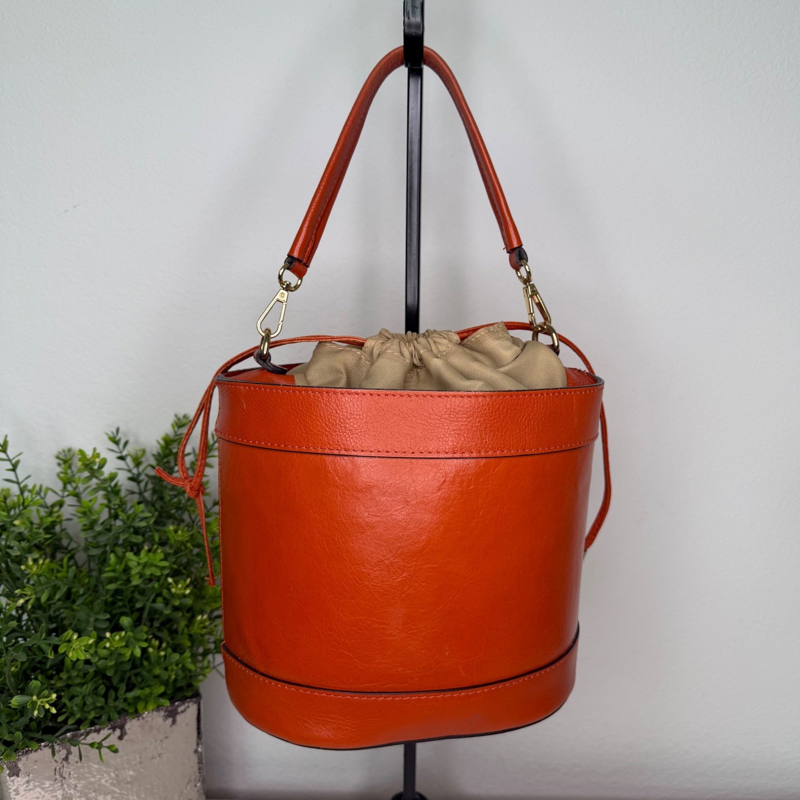 Divina Firenze Bucket Bag Womens Orange Woven Straw Leather Italian Boho Small