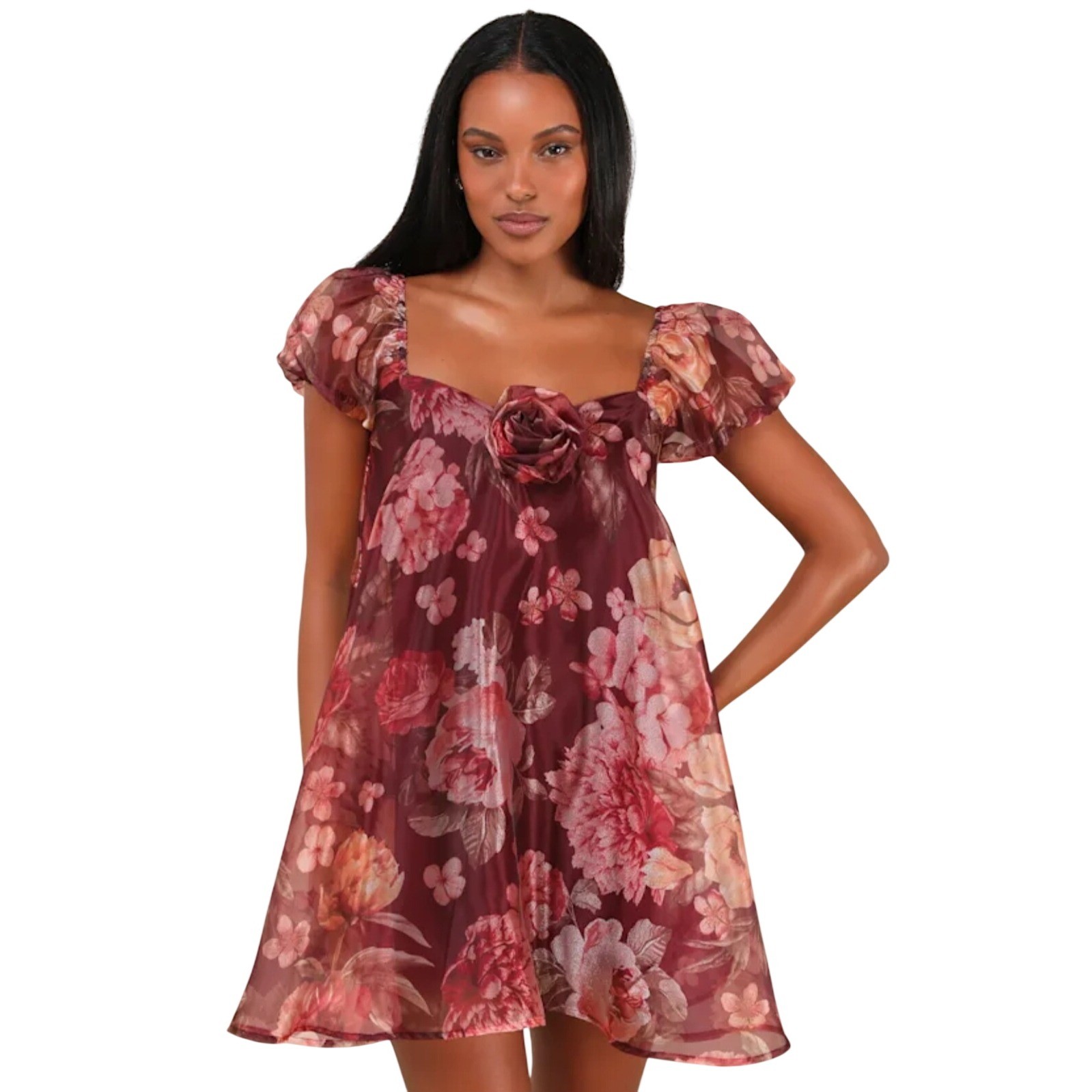 Lulus Mini Dress NWT Burgundy Wine Red Floral Rose Organza Babydoll Medium