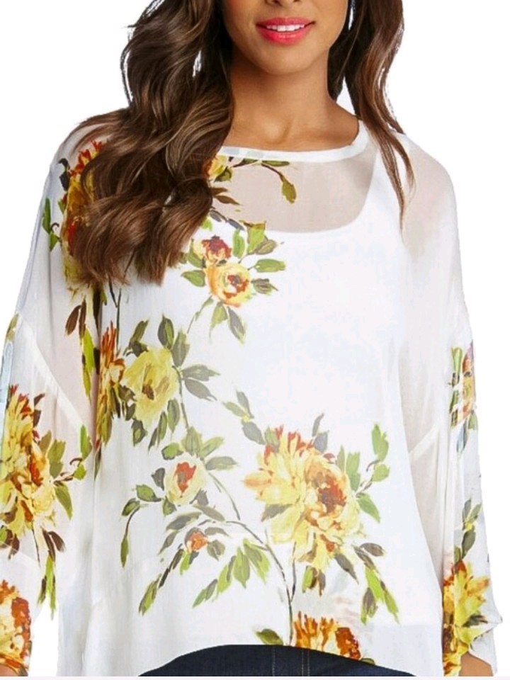 New Karen Kane Garden Party Ivory Rose Printed Sheer Bracelet Sleeve Blouse XL