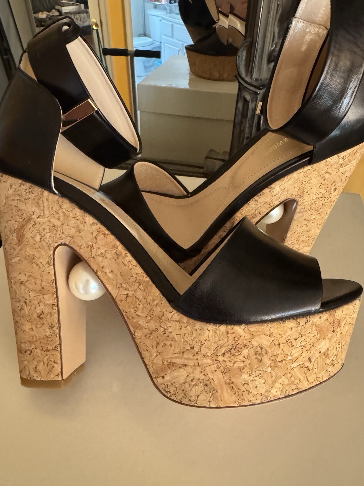 Nicholas Kirkwood Black Leather Open Toe Cork Platform Pearl Ankle Strap 39.5