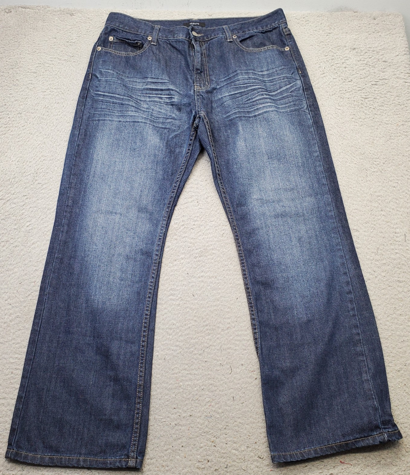 Alfani Bootcut Jeans Mens 36×30 Blue Denim Stretch Comfort Faded Boho Whiskered