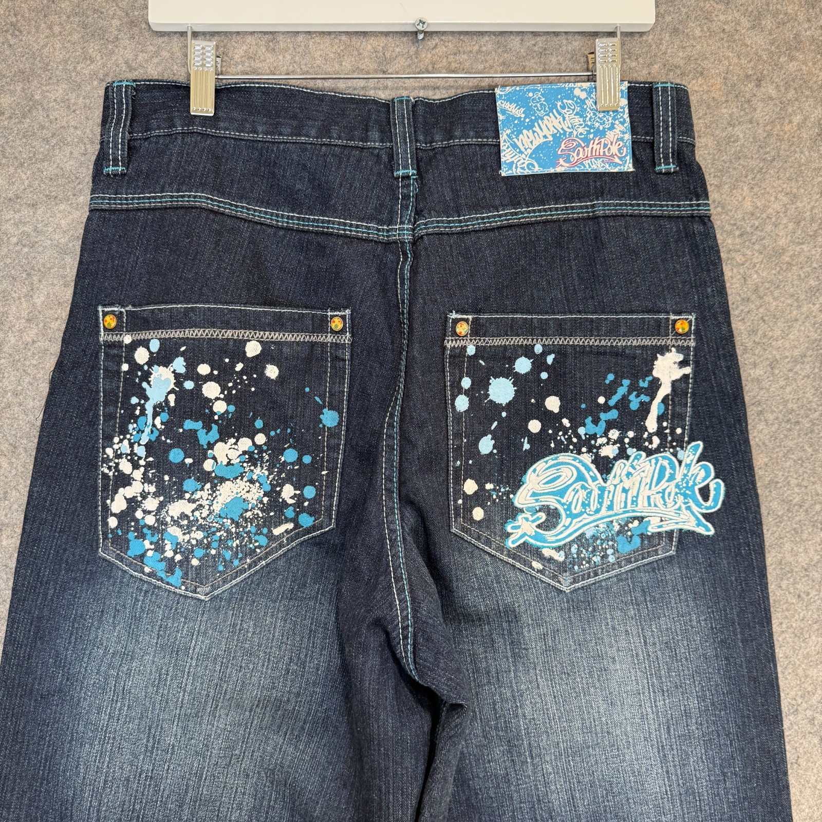 Vintage Southpole Baggy Jeans Mens 32×32 Paint Splatter Embroidered Pockets Y2k