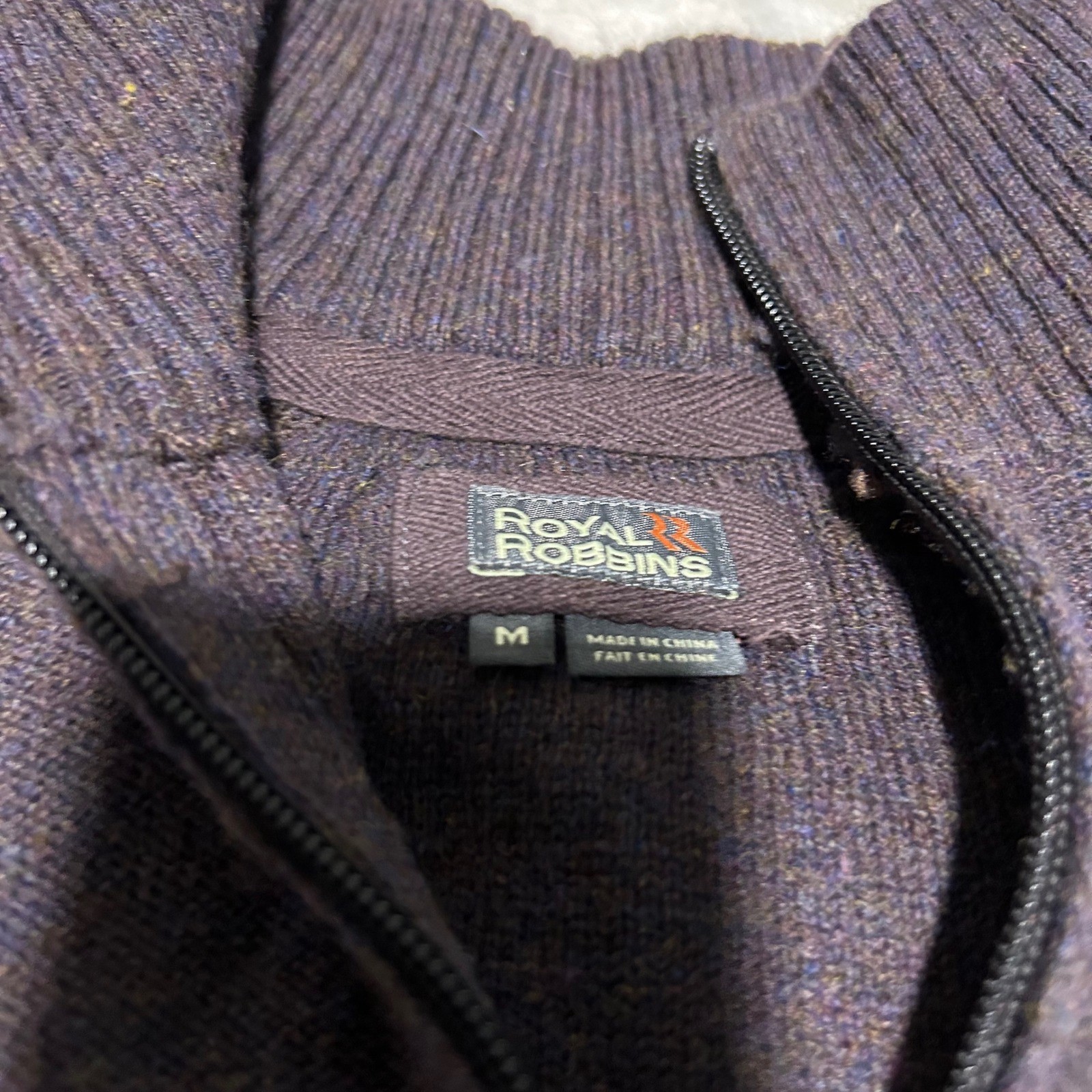 Royal Robbins Sweater Mens M Brown Purple Wool Blend Quarter Zip Ribbed Pullover