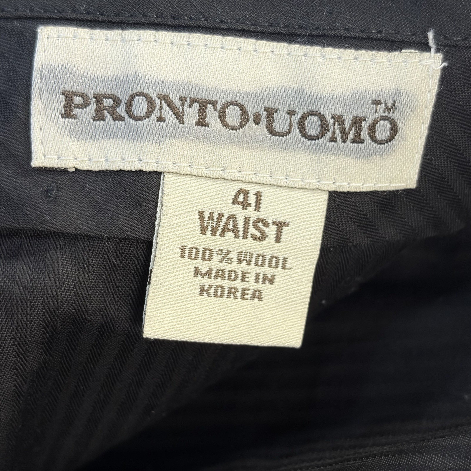 Vtg Pronto Uomo Mens 46R Suit 100% Wool Black 2 Button Ventless Pleated 41×27.5