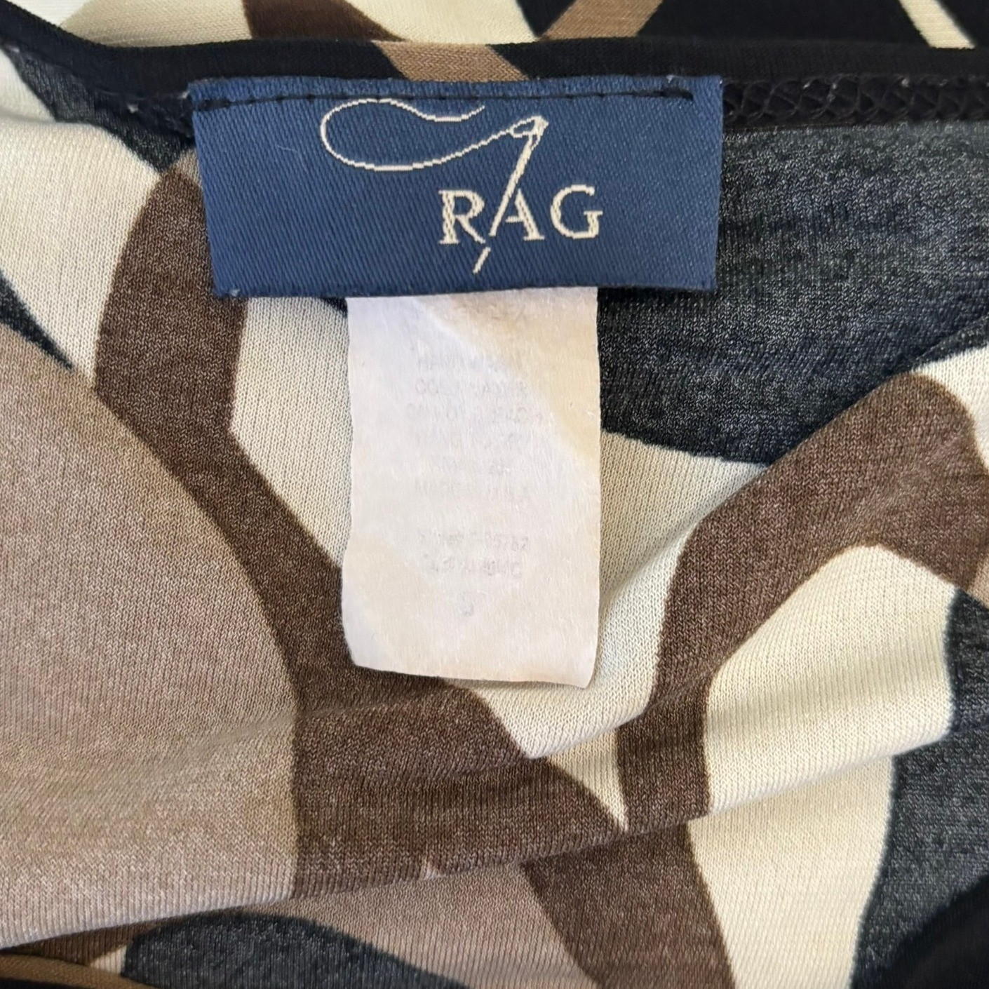 RAG Abstract Swirl Cowl Neck Top Womens Medium Black Tan Flared Sleeve