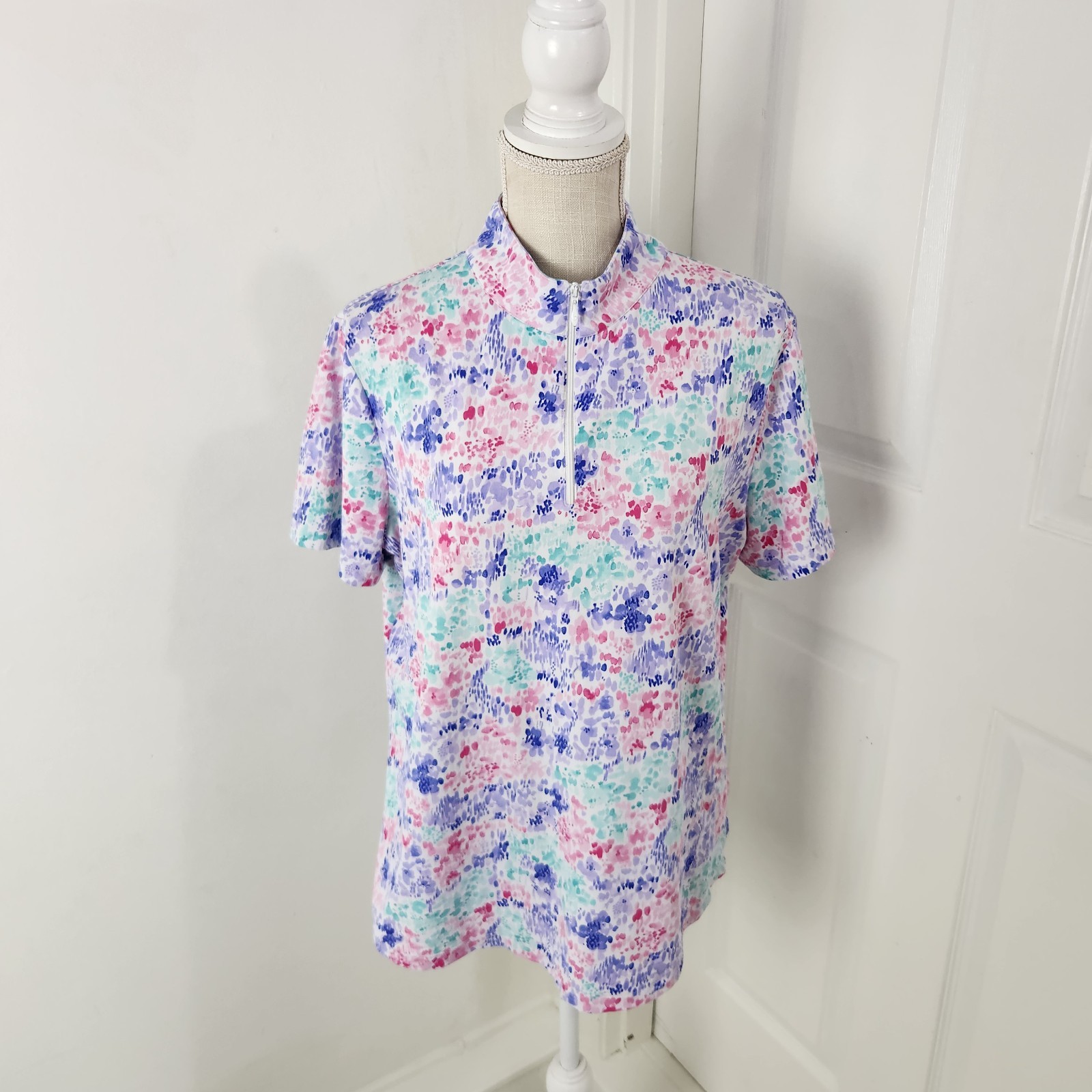 Ibkul Top Womens XL Blue Watercolor Floral 1/4 Zip Golf Tennis Sporty Vacation